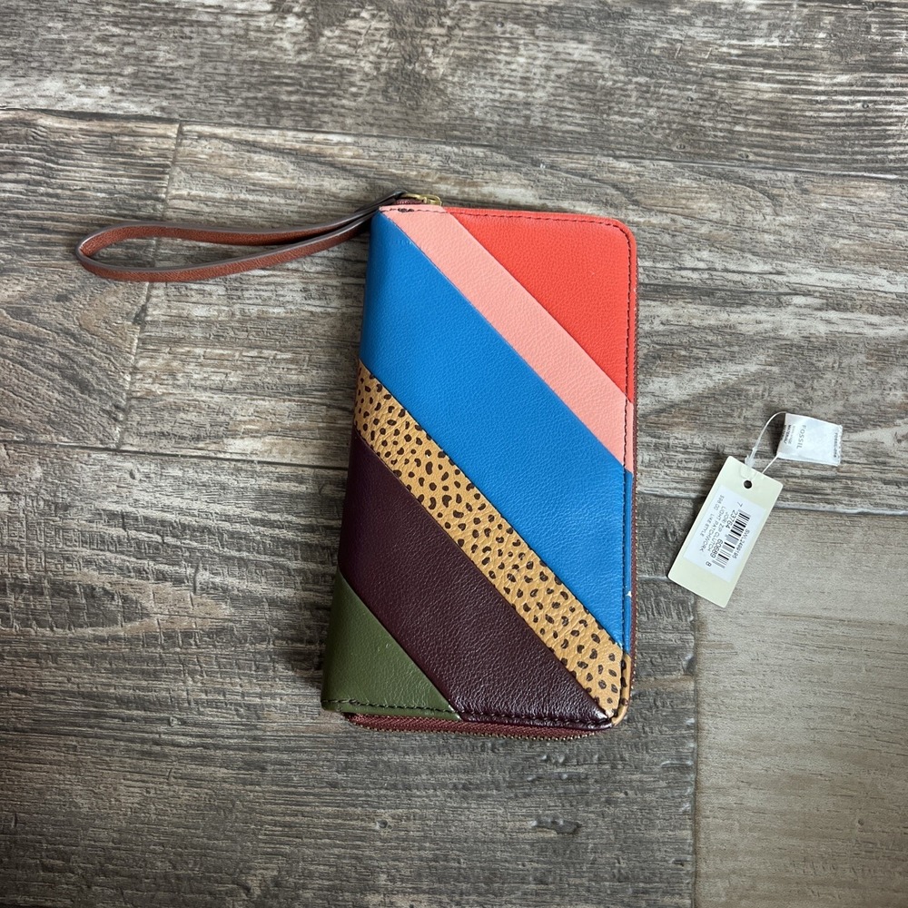 Fossil Jori  Zip Clutch Wristlet Wallet Light Patchwork Brown $98‎ Msrp